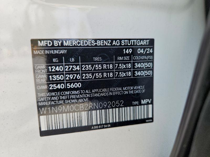 Продажа на аукционе авто 2024 Mercedes-benz Eqb, vin: W1N9M0CB2RN092052, номер лота: 47649486