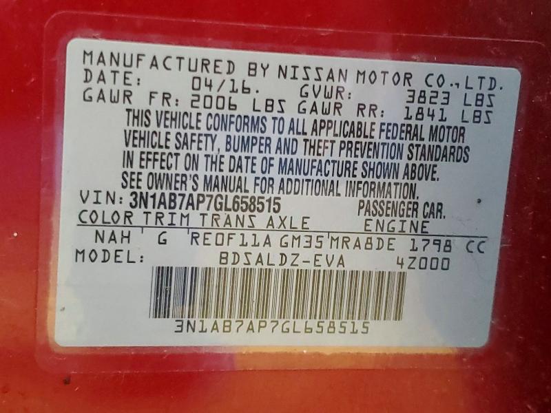 50723256 :رقم المزاد ، 3N1AB7AP7GL658515 vin ، 2016 Nissan Sentra مزاد بيع