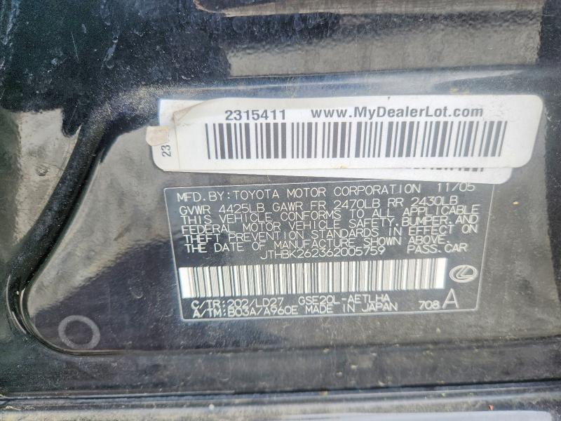 49974596 :رقم المزاد ، JTHBK262362005759 vin ، 2006 Lexus Is مزاد بيع