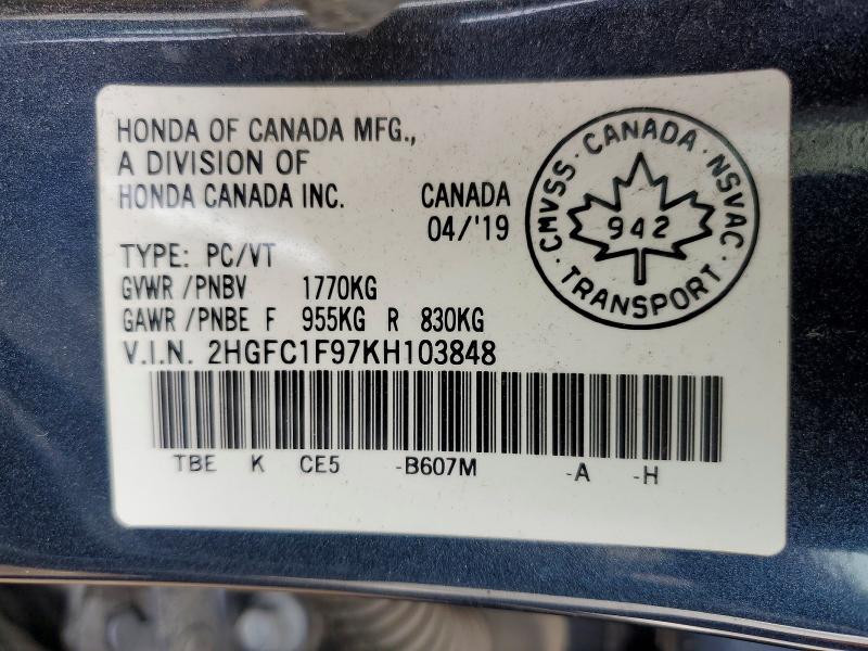 49048736 :رقم المزاد ، 2HGFC1F97KH103848 vin ، 2019 Honda Civic مزاد بيع