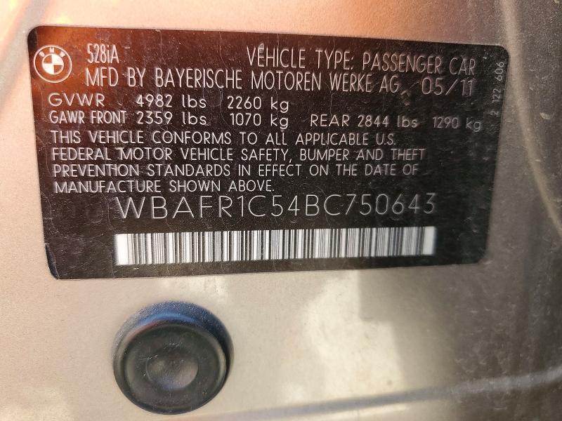Продаж на аукціоні авто 2011 Bmw 528, vin: WBAFR1C54BC750643, номер лоту: 49835526
