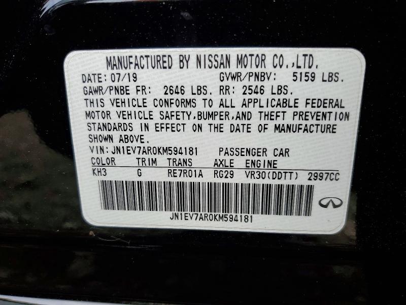 2019 Infiniti Q50 მანქანა იყიდება აუქციონზე, vin: JN1EV7AR0KM594181, აუქციონის ნომერი: 50495846