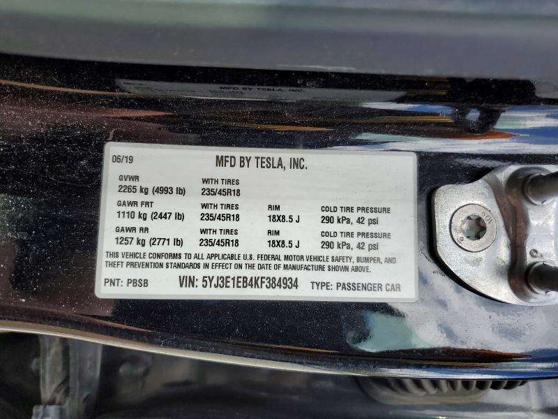 Продажа на аукционе авто 2019 Tesla Model 3, vin: 5YJ3E1EB4KF384934, номер лота: 49484846