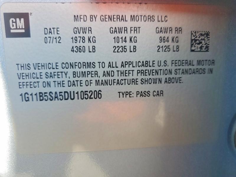 2013 Chevrolet Malibu მანქანა იყიდება აუქციონზე, vin: 1G11B5SA5DU105206, აუქციონის ნომერი: 51682526