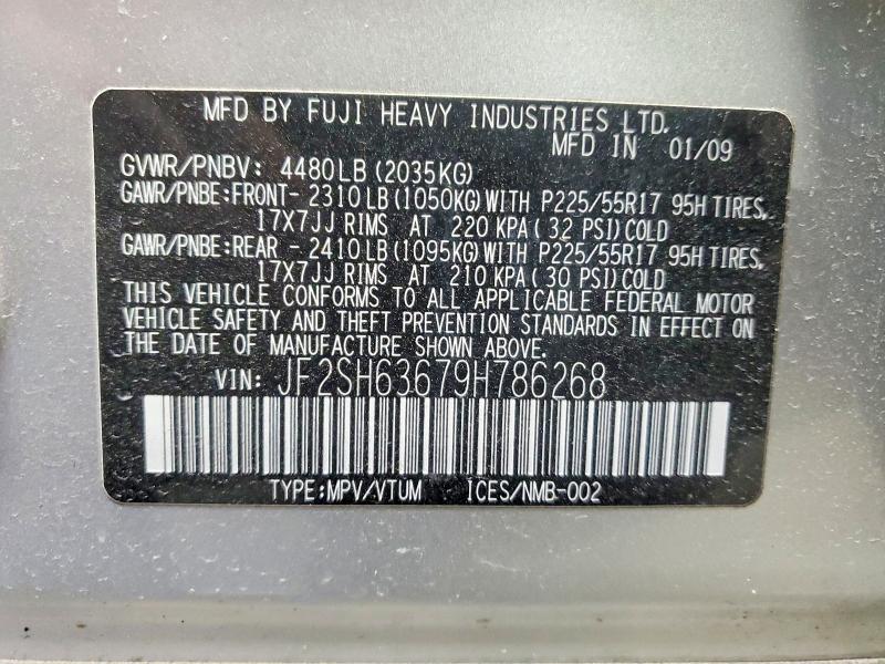 2009 Subaru Forester მანქანა იყიდება აუქციონზე, vin: JF2SH63679H786268, აუქციონის ნომერი: 50067376