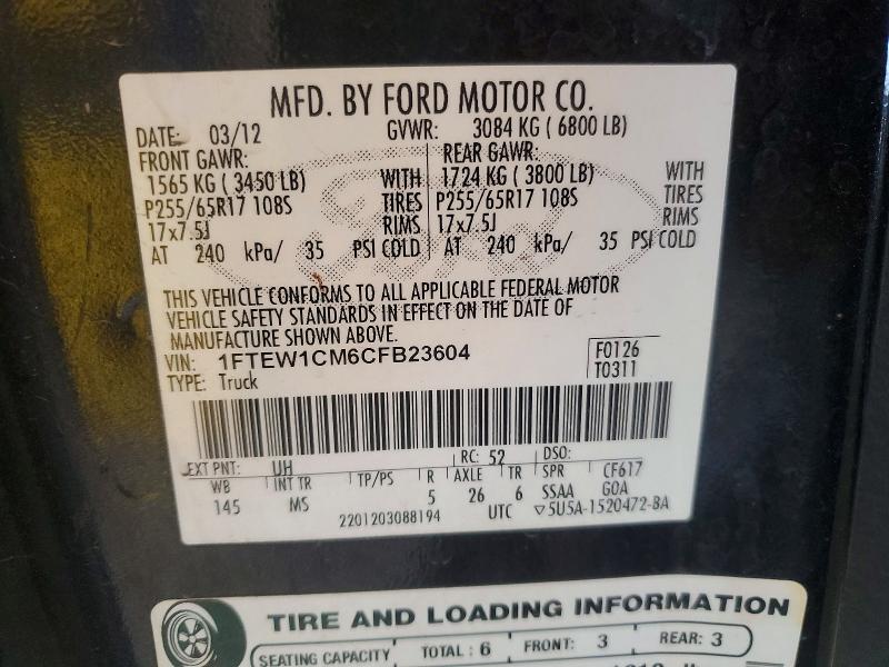 52007936 :رقم المزاد ، 1FTEW1CM6CFB23604 vin ، 2012 Ford F150 مزاد بيع