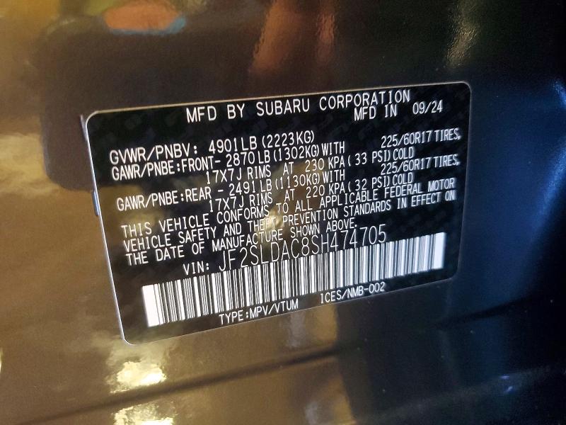 2025 Subaru Forester მანქანა იყიდება აუქციონზე, vin: JF2SLDAC8SH474705, აუქციონის ნომერი: 49243166