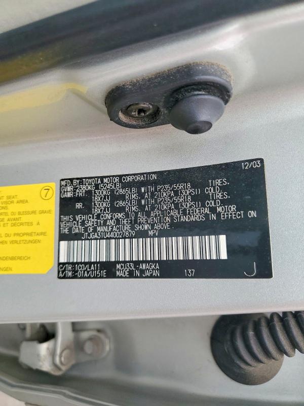 2004 Lexus Rx მანქანა იყიდება აუქციონზე, vin: JTJGA31U440027879, აუქციონის ნომერი: 50196216