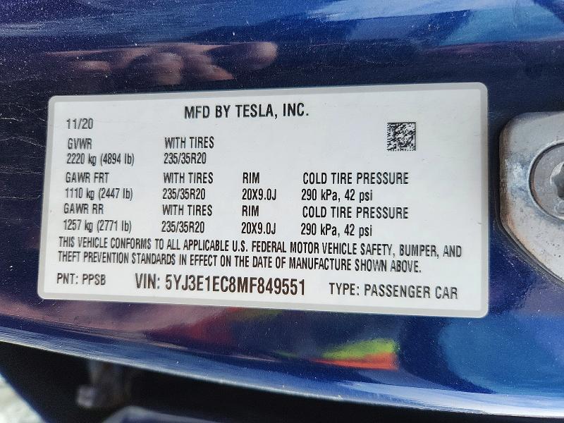 Продаж на аукціоні авто 2021 Tesla Model 3, vin: 5YJ3E1EC8MF849551, номер лоту: 50416756