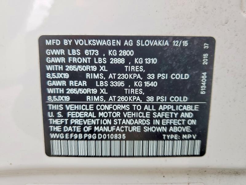 Aukcja sprzedaży 2016 Volkswagen Touareg, vin: WVGEF9BP9GD010835, numer aukcji: 51115086