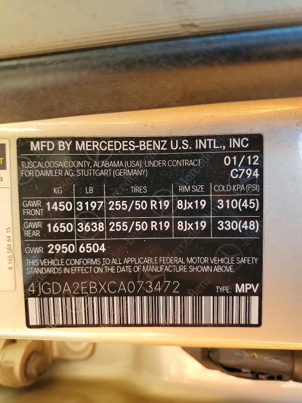 2012 Mercedes-benz Ml მანქანა იყიდება აუქციონზე, vin: 4JGDA2EBXCA073472, აუქციონის ნომერი: 48615436