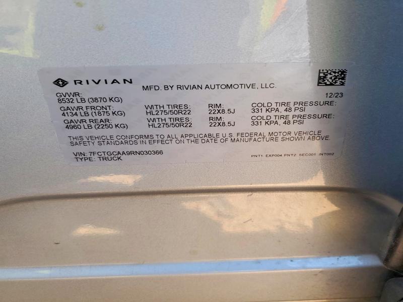 Aukcja sprzedaży 2024 Rivian R1t, vin: 7FCTGCAA9RN030366, numer aukcji: 49869876