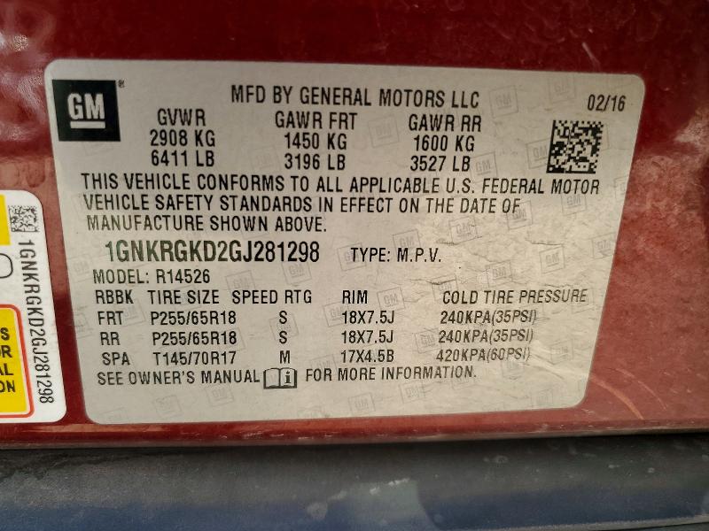 Aukcja sprzedaży 2016 Chevrolet Traverse, vin: 1GNKRGKD2GJ281298, numer aukcji: 50590996