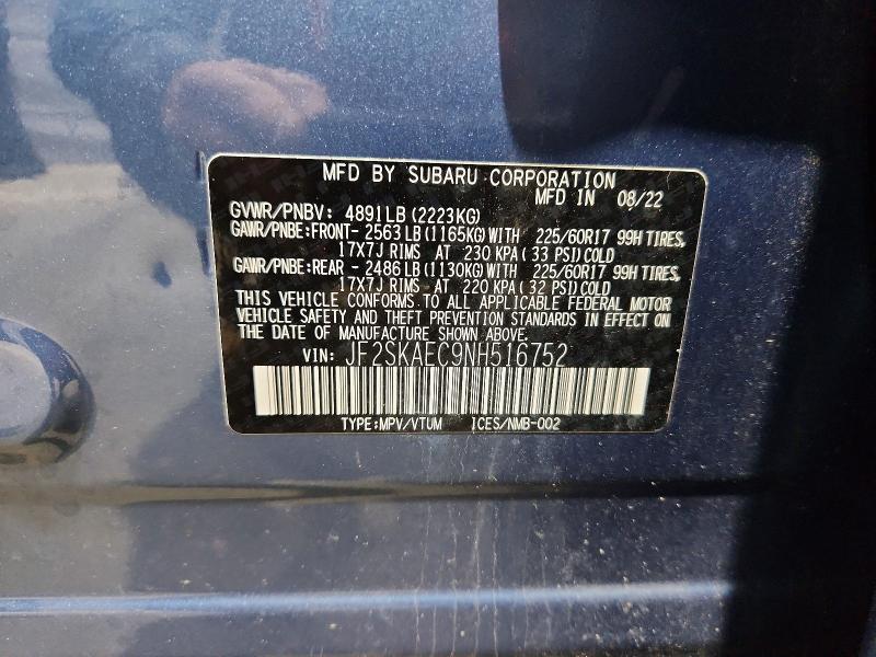 Aukcja sprzedaży 2022 Subaru Forester, vin: JF2SKAEC9NH516752, numer aukcji: 51593696