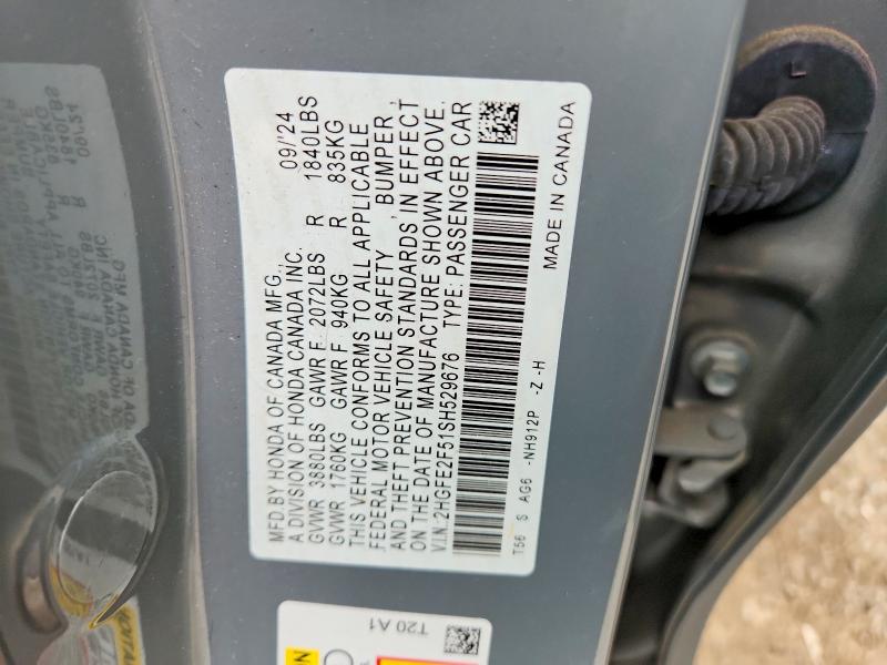 Продаж на аукціоні авто 2025 Honda Civic, vin: 2HGFE2F51SH529676, номер лоту: 50000546