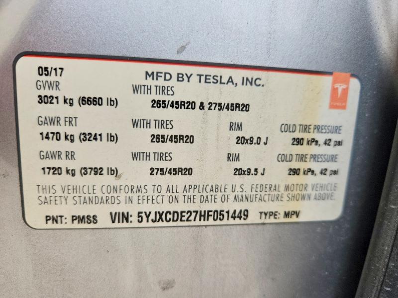 49955686 :رقم المزاد ، 5YJXCDE27HF051449 vin ، 2017 Tesla Model X مزاد بيع