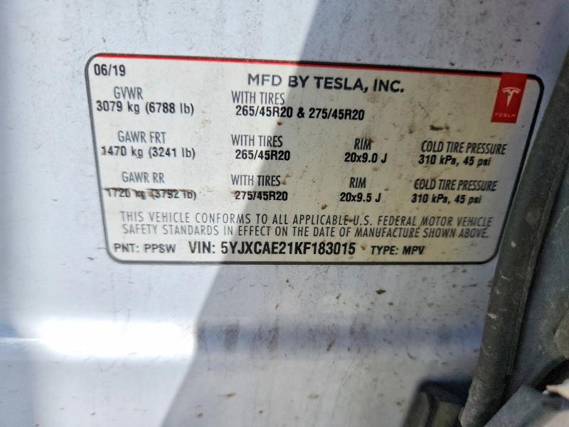 2019 Tesla Model X მანქანა იყიდება აუქციონზე, vin: 5YJXCAE21KF183015, აუქციონის ნომერი: 49758306