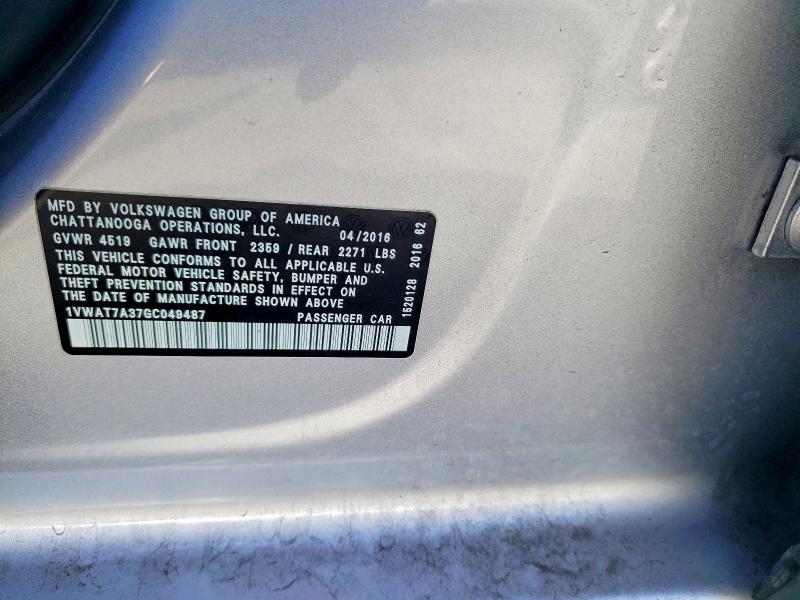 Продаж на аукціоні авто 2016 Volkswagen Passat, vin: 1VWAT7A37GC049487, номер лоту: 51295876