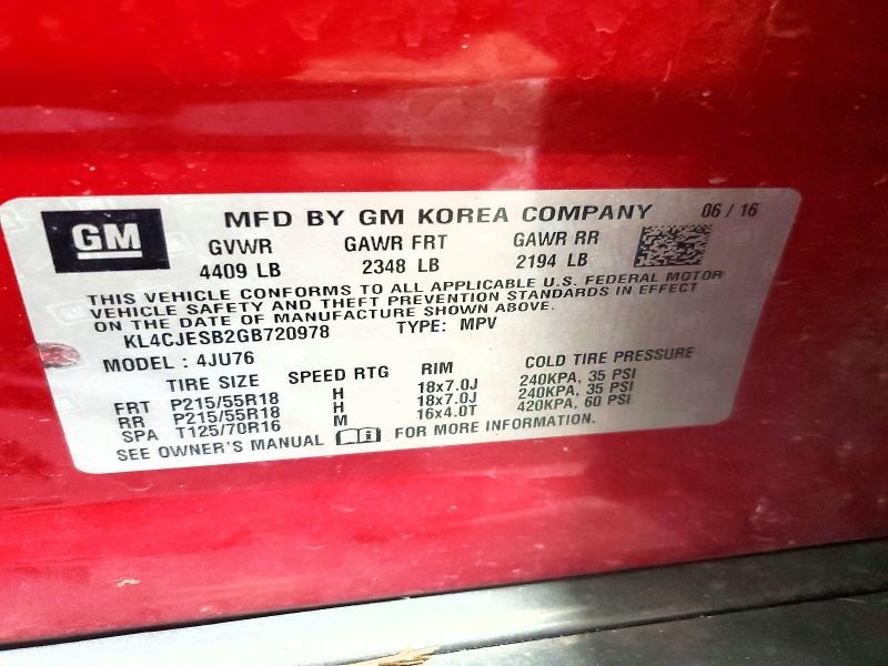 49793226 :رقم المزاد ، KL4CJESB2GB720978 vin ، 2016 Buick Encore مزاد بيع