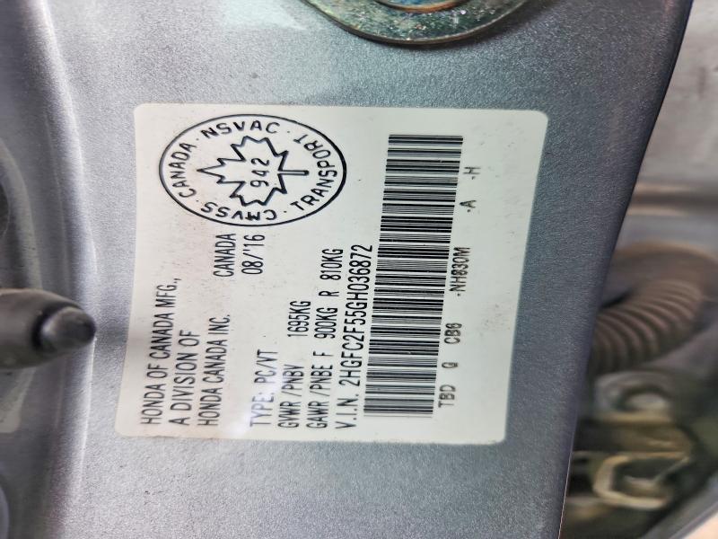 50367566 :رقم المزاد ، 2HGFC2F55GH036872 vin ، 2016 Honda Civic مزاد بيع