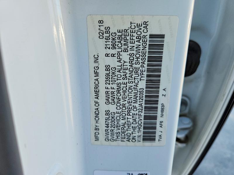 2018 Honda Accord მანქანა იყიდება აუქციონზე, vin: 1HGCV1F32JA120353, აუქციონის ნომერი: 51443446