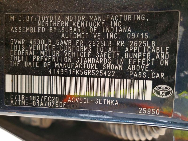 Aukcja sprzedaży 2016 Toyota Camry, vin: 4T4BF1FK5GR525422, numer aukcji: 49643886