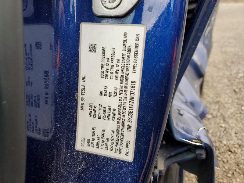 51374256 :رقم المزاد ، 5YJ3E1EA7NF371610 vin ، 2022 Tesla Model 3 مزاد بيع