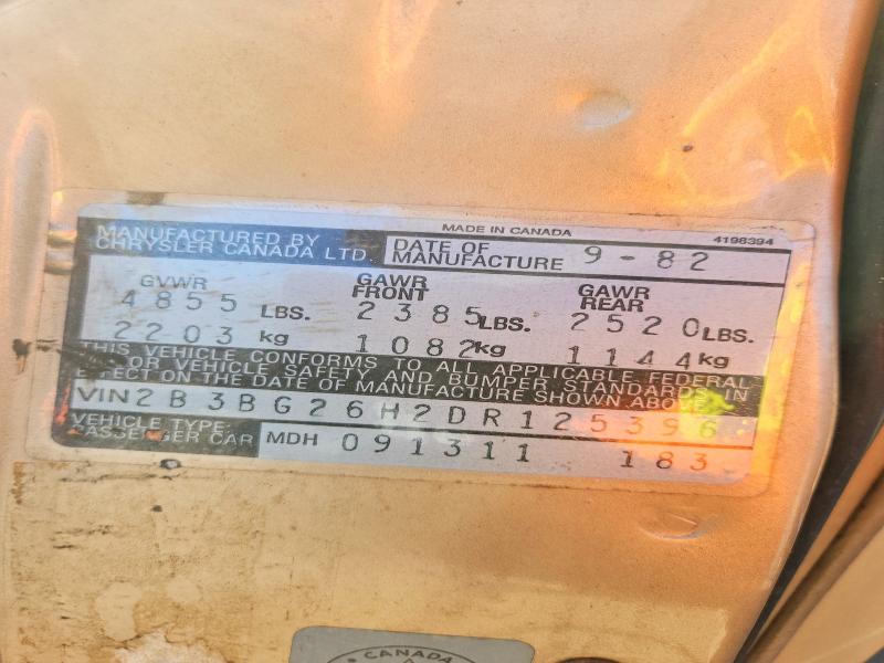 1983 Dodge Diplomat მანქანა იყიდება აუქციონზე, vin: 2B3BG26H2DR125396, აუქციონის ნომერი: 50843196