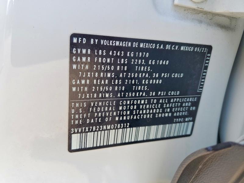 Aukcja sprzedaży 2022 Volkswagen Taos, vin: 3VVTX7B23NM078312, numer aukcji: 48361036