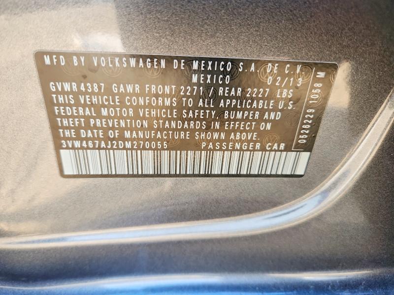 2013 Volkswagen Jetta მანქანა იყიდება აუქციონზე, vin: 3VW467AJ2DM270055, აუქციონის ნომერი: 51899216