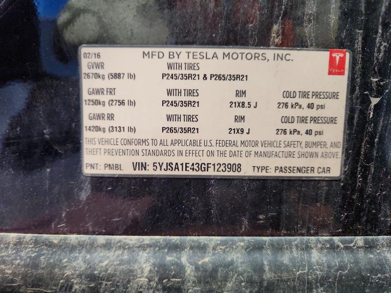 Aukcja sprzedaży 2016 Tesla Model S, vin: 5YJSA1E43GF123908, numer aukcji: 47895316