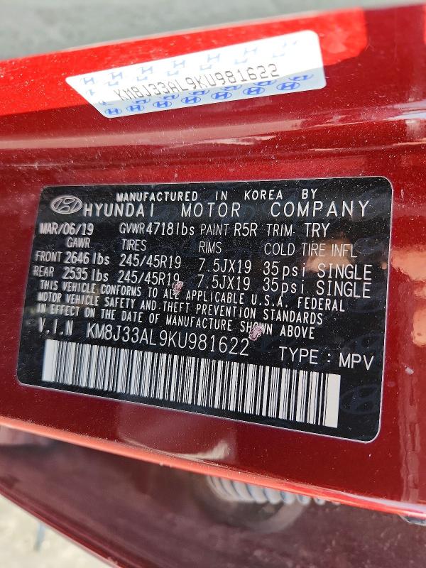 47552426 :رقم المزاد ، KM8J33AL9KU981622 vin ، 2019 Hyundai Tucson مزاد بيع
