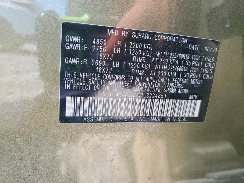 51321726 :رقم المزاد ، 4S4BTALC2L3224851 vin ، 2020 Subaru Outback مزاد بيع