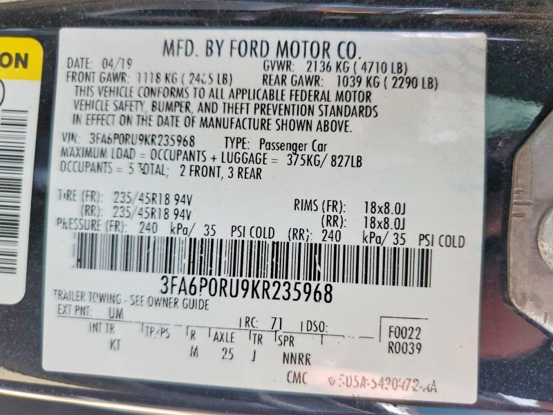 Продаж на аукціоні авто 2019 Ford Fusion, vin: 3FA6P0RU9KR235968, номер лоту: 50901746