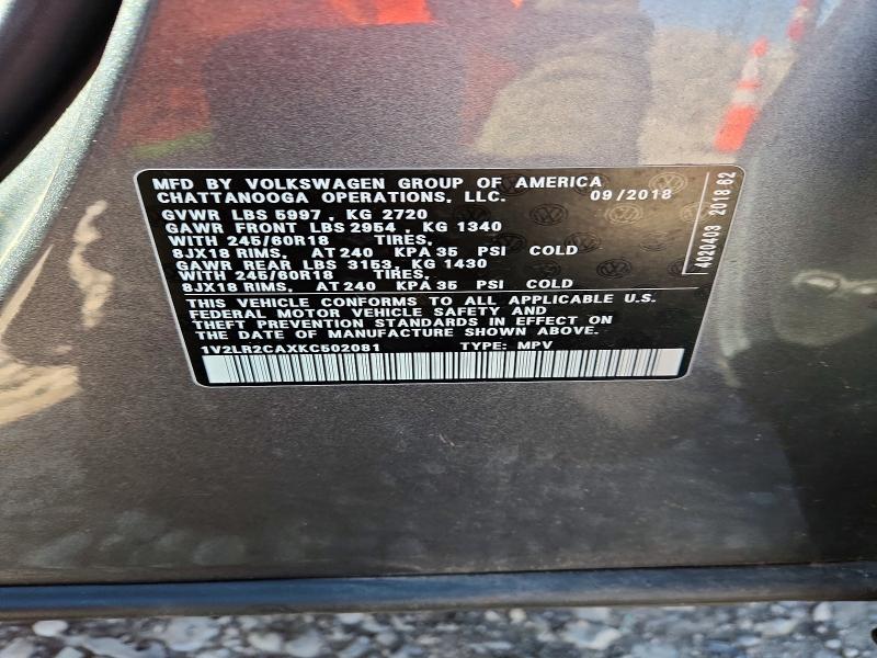 49097506 :رقم المزاد ، 1V2LR2CAXKC502081 vin ، 2019 Volkswagen Atlas مزاد بيع