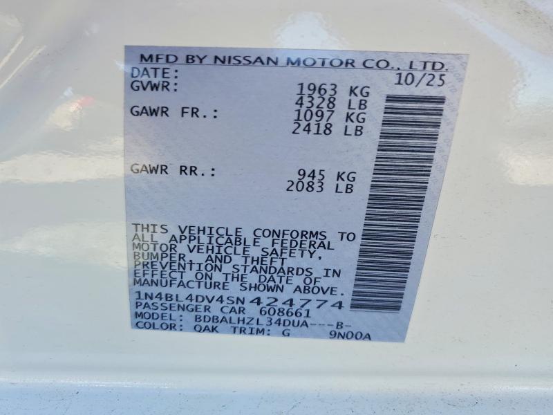 Продажа на аукционе авто 2025 Nissan Altima, vin: 1N4BL4DV4SN424774, номер лота: 48573916