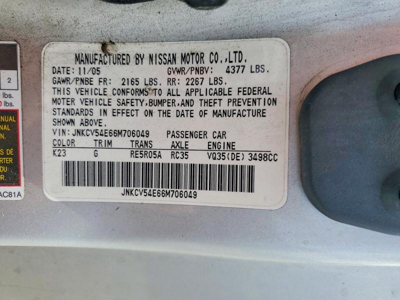 2006 Infiniti G35 მანქანა იყიდება აუქციონზე, vin: JNKCV54E66M706049, აუქციონის ნომერი: 50358366