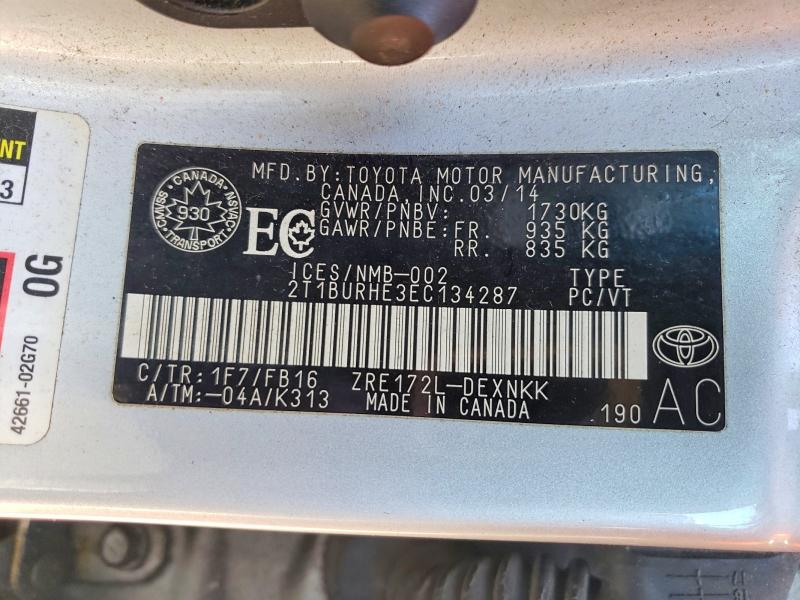 48127006 :رقم المزاد ، 2T1BURHE3EC134287 vin ، 2014 Toyota Corolla مزاد بيع
