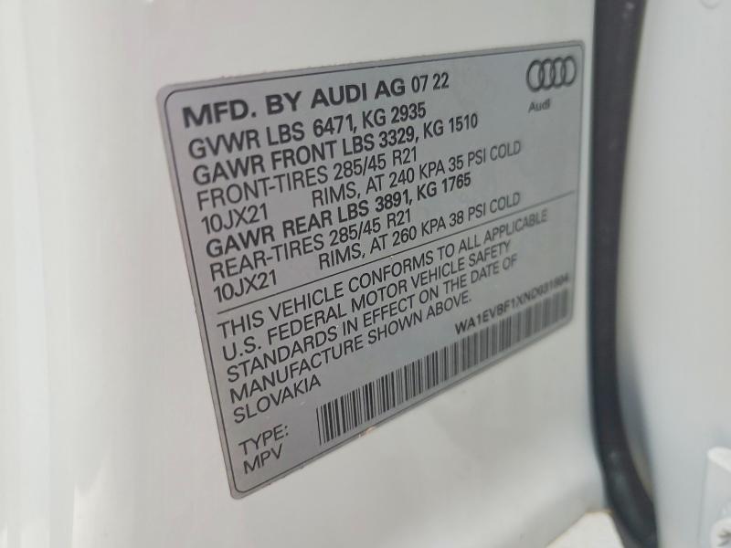 49315826 :رقم المزاد ، WA1EVBF1XND031804 vin ، 2022 Audi Q8 مزاد بيع
