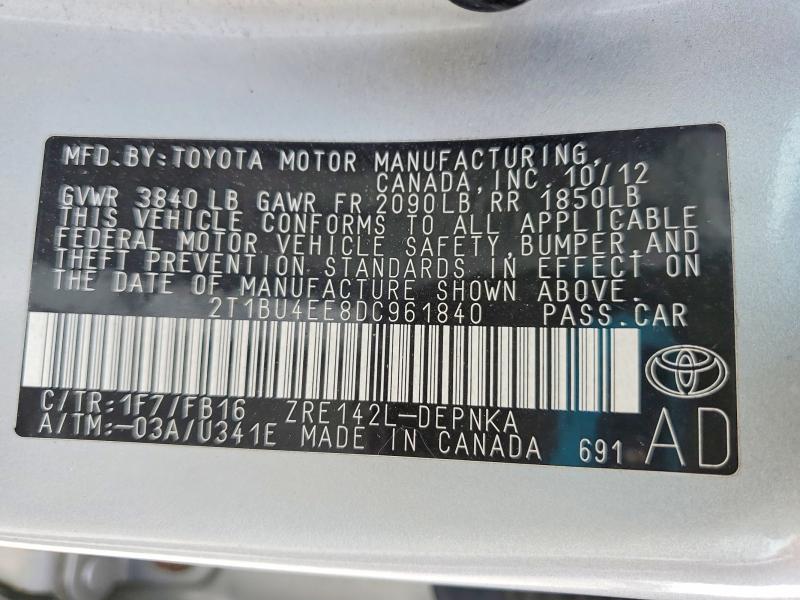 51482516 :رقم المزاد ، 2T1BU4EE8DC961840 vin ، 2013 Toyota Corolla مزاد بيع