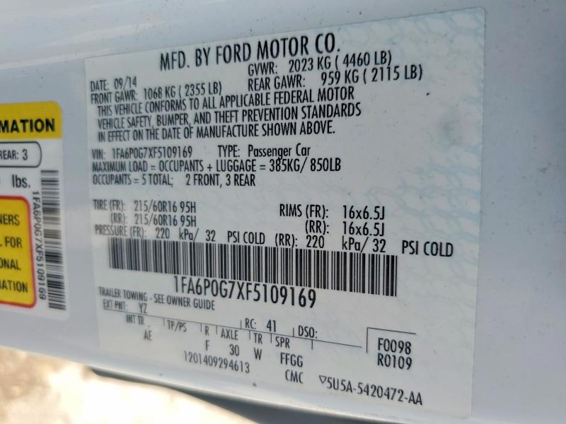 Aukcja sprzedaży 2015 Ford Fusion, vin: 1FA6P0G7XF5109169, numer aukcji: 49889066