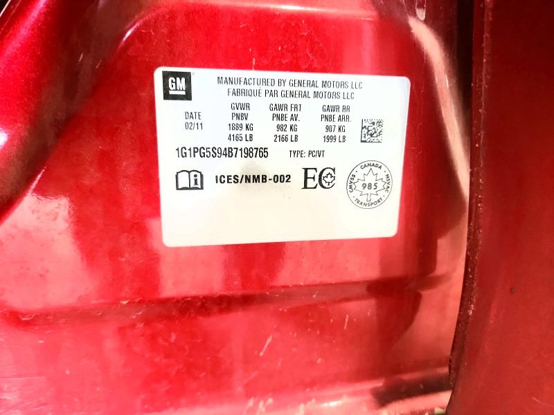 51017086 :رقم المزاد ، 1G1PG5S94B7198765 vin ، 2011 Chevrolet Cruze مزاد بيع