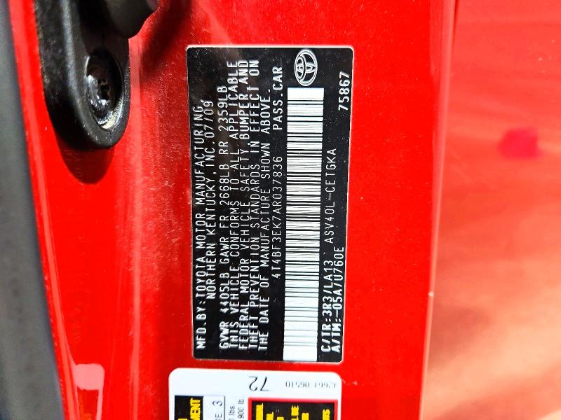 50670156 :رقم المزاد ، 4T4BF3EK7AR037836 vin ، 2010 Toyota Camry مزاد بيع