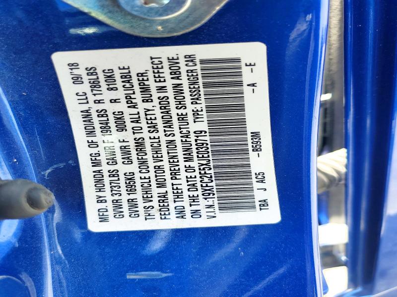 2018 Honda Civic მანქანა იყიდება აუქციონზე, vin: 19XFC2F5XJE039719, აუქციონის ნომერი: 51842026