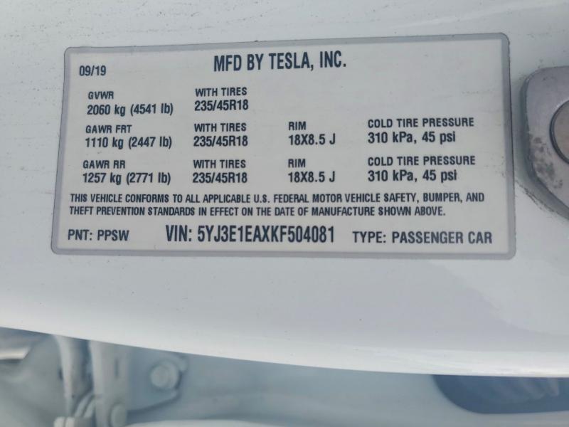 2019 Tesla Model 3 მანქანა იყიდება აუქციონზე, vin: 5YJ3E1EAXKF504081, აუქციონის ნომერი: 51156886