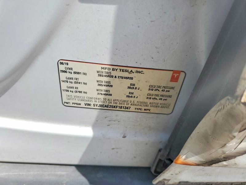 2019 Tesla Model X მანქანა იყიდება აუქციონზე, vin: 5YJXCAE25KF181347, აუქციონის ნომერი: 50004926