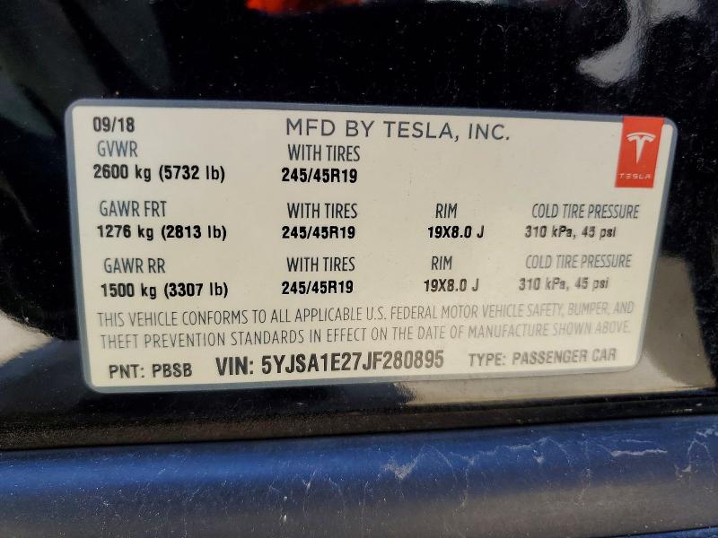 51371646 :رقم المزاد ، 5YJSA1E27JF280895 vin ، 2018 Tesla Model S مزاد بيع