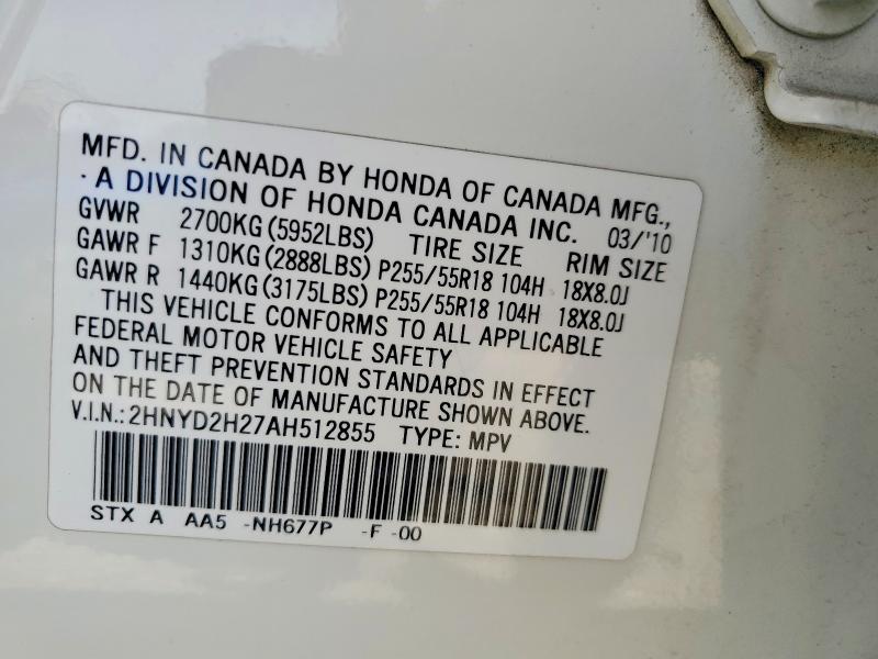 49776266 :رقم المزاد ، 2HNYD2H27AH512855 vin ، 2010 Acura Mdx مزاد بيع