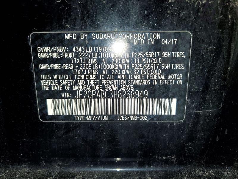 Aukcja sprzedaży 2017 Subaru Crosstrek, vin: JF2GPABC3H8268949, numer aukcji: 50929716