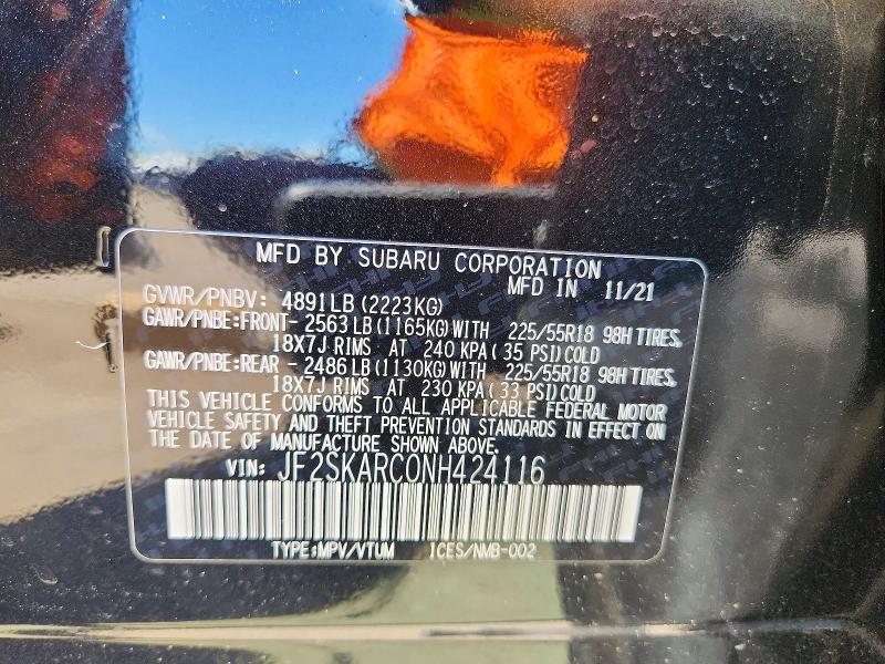 Aukcja sprzedaży 2022 Subaru Forester, vin: JF2SKARC0NH424116, numer aukcji: 51127046